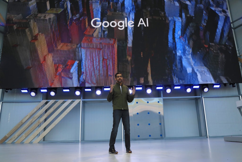 Sundar Pichai, Google’s chief executive, at its annual Google I/O developer conference last month in Mountain View, Calif. On Thursday he laid out objectives for the company’s use of A.I. technology.