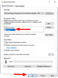 Windows 10 Speech Recognition Profile Change