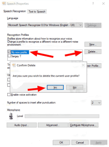 Windows 10 Speech Recognition Profile Delete
